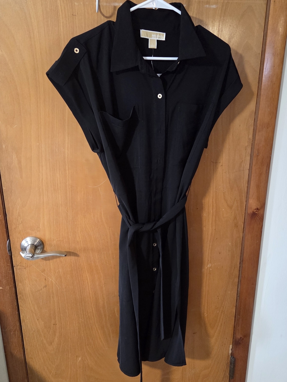 Michael Kors Black Button-Front Midi Shirt Dress with Waist Tie